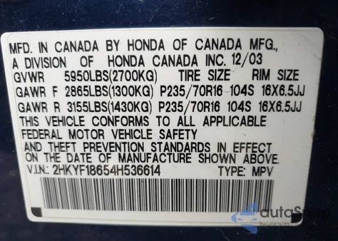 2004 Honda Pilot Ex-L from USA, damaged, VIN 2HKYF18654H536614